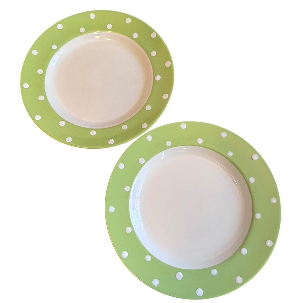 Spode Baking Days Dinner Plates Set of 2 Green White Polka Dot Good 10.5in
